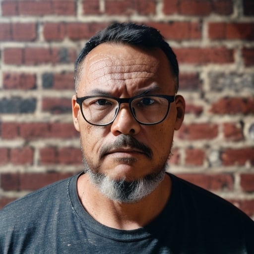 Generate a realistic and detailed 8K UHD image of a man wearing glasses, facing the camera with a serene yet strong expression. His skin should exhibit characteristic imperfections and details. The man has dark brown eyes and a lumberjack-style beard. He is wearing a plain sky-blue T-shirt without any prints. The scene should include a weathered brick wall as a background, illuminated with chiaroscuro lighting, creating a substantial depth of field through the camera lens., guttojugg1 