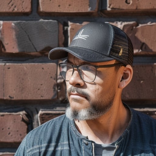 "Generate a realistic and detailed 8K UHD image of a man wearing glasses, facing the camera with a serene yet strong expression. His skin should exhibit characteristic imperfections and details. The man has dark brown eyes, a long lumberjack-style beard, and is wearing a trucker cap on his head. He is also wearing a plain sky-blue T-shirt without any prints. The scene should include a weathered brick wall as a background, illuminated with chiaroscuro lighting, creating a substantial depth of field through the camera lens.", guttojugg1 