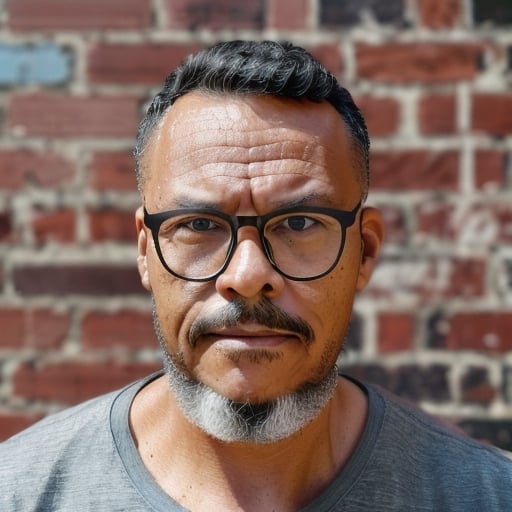 "Generate a realistic and detailed 8K UHD image of a man wearing glasses, facing the camera with a serene yet strong expression. His skin should exhibit characteristic imperfections and details. The man has dark brown eyes, and he is wearing a plain sky-blue T-shirt without any prints. The scene should include a weathered brick wall as a background, with a substantial depth of field created by the camera lens.", guttojugg1 