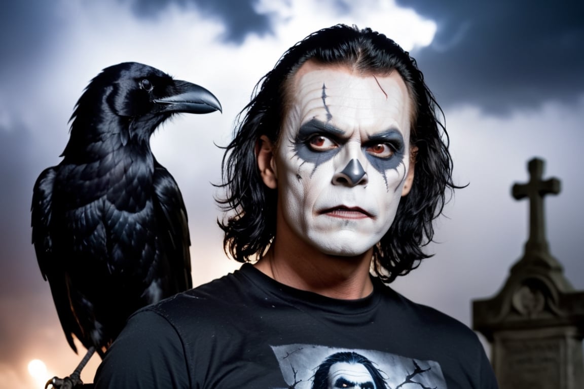 (masterpiece, high-quality, professional portrait: 1.3), close-up portrait showcasing a man with original makeup resembling Eric Draven from the movie "The Crow," (studio chiaroscuro lighting: 1.2), creating a haunting contrast between light and shadow, (Sony Alpha Mirrorless Camera: 1.2), ensuring exceptional image quality and clarity, (highly detailed skin, full sharpness: 1.2), highlighting every intricate detail of the makeup, (torn black t-shirt: 1.2), adding to the character's rugged appearance, (sinister crow perched on his shoulder: 1.2), enhancing the eerie atmosphere, (blurred cemetery background at night: 1.1), with lightning flashes illuminating the sky, (immersive portrayal: 1.1), capturing the essence of Eric Draven's dark and mysterious persona in a professional and striking portrait.,gutto2024abr