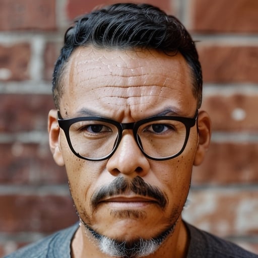 "Generate a realistic and detailed 8K UHD image of a man wearing glasses, facing the camera with a serene yet strong expression. His skin should exhibit characteristic imperfections and details. The man has dark brown eyes, and he is wearing a plain sky-blue T-shirt without any prints. The scene should include a weathered brick wall as a background, with a substantial depth of field created by the camera lens.", guttojugg1 