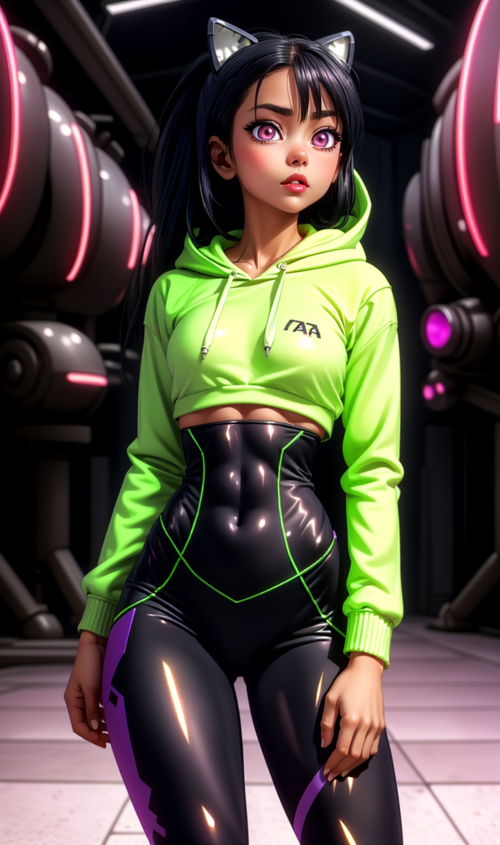 (1girl), ((vigilanty, hoodie, leggings, neon lights, Arora clothes, sexy bodysuit:1.3)), (side view, muscular, fit, abs, cyberware), ((perfect Breasts, rounded breasts:1.3)), (wide hips), (large pelvic, big ass), ((narrow waist, curvy waist:1.2)), ((slim, skinny waist, slender body:1.2)), (fighting pose:1.2), modern hairstyle, colour streaked hair, highlights, seductress, tempting

masterpiece, best quality, ultra highres, depth of field, (cinematic lighting:1.2), (detailed face, detailed eyes:1.2), (detailed lips, rose lips:1.2), (detailed background:1.2), (battle field, post war:1.2) (masterpiece:1.2), (ultra detailed), (best quality), intricate, comprehensive cinematic, scientific photography, (gradients), colorful, detailed landscape, shiny skin, looking_at_viewer ,perfecteyes,mecha musume,tan