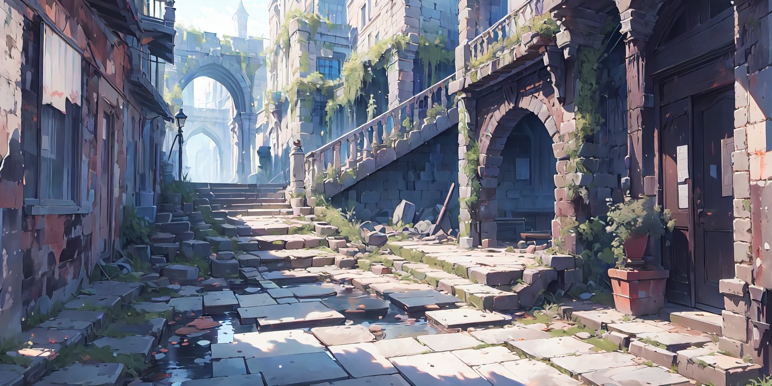  （high quality：1.5） nodf_lora, castle hall, 
city ​​street,（square：1.3）,stairs, ruins, pillar, scenery, Castle ruins in the background,cinematic lighting ,FFIXBG,Rococo style,no_humans,breakdomain,beautyniji,ff8bg,YAMATO