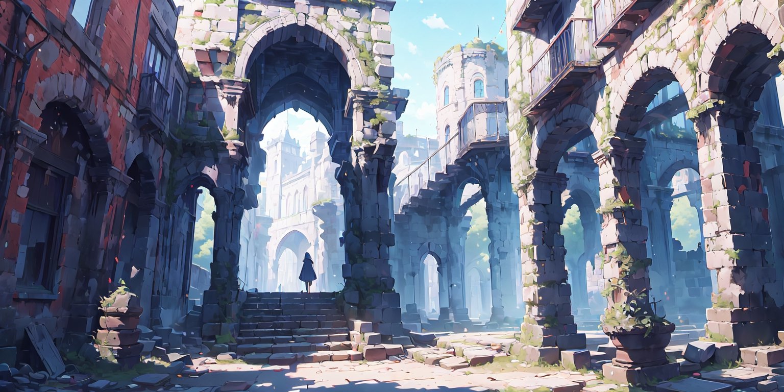  （high quality：1.5） nodf_lora, castle hall, 
city ​​street,（square：1.3）,stairs, ruins, pillar, scenery, Castle ruins in the background,cinematic lighting ,FFIXBG,Rococo style,no_humans,breakdomain,beautyniji,ff8bg,YAMATO