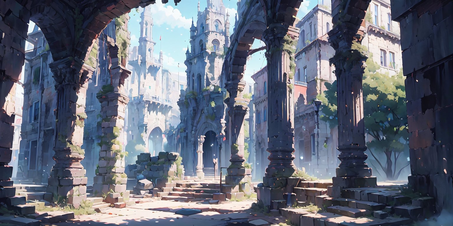  （high quality：1.5） nodf_lora, castle hall, 
city ​​street,（square：1.3）,stairs, ruins, pillar, scenery, Castle ruins in the background,cinematic lighting ,FFIXBG,Rococo style,no_humans,breakdomain,beautyniji,ff8bg,YAMATO