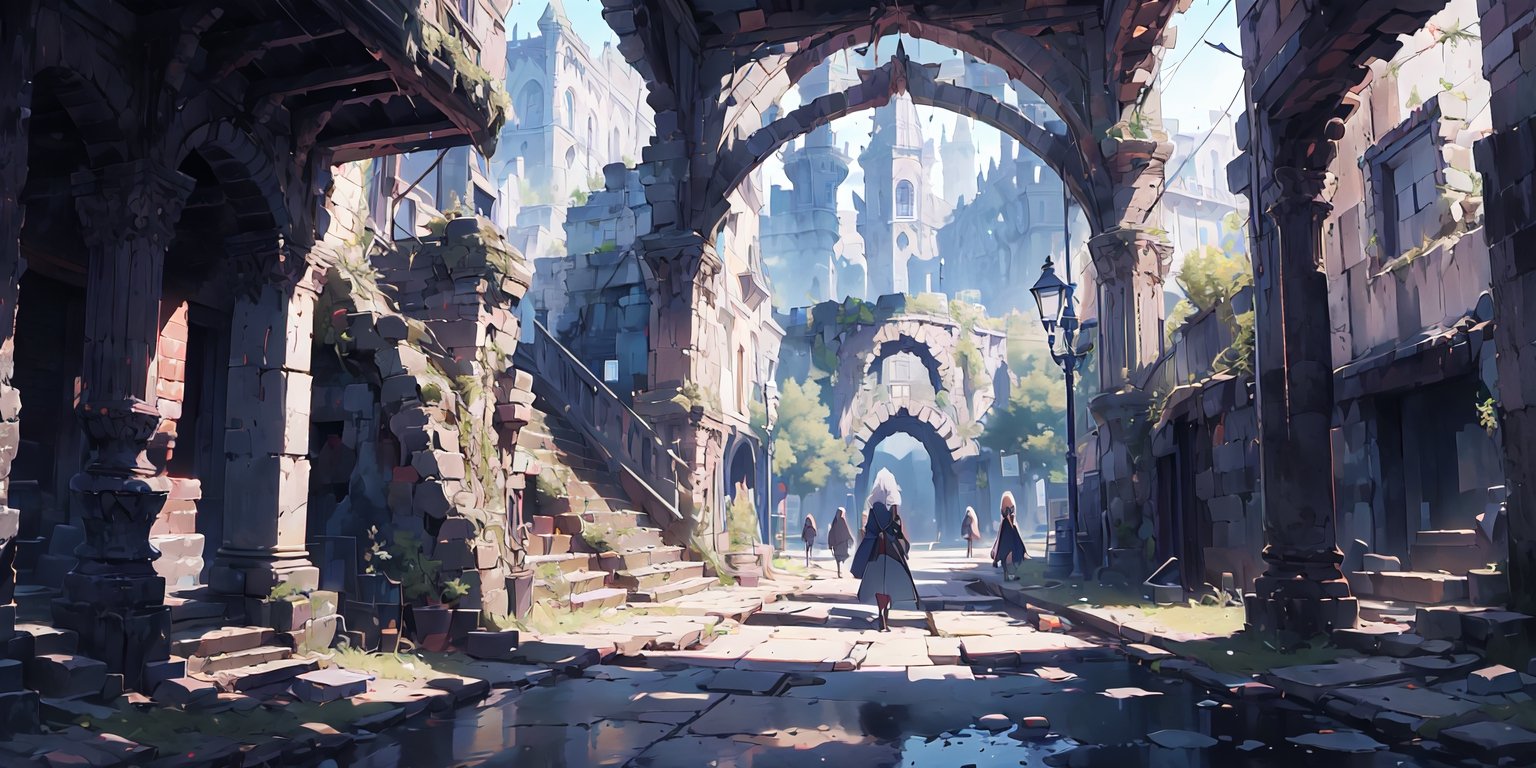  （high quality：1.5） nodf_lora, castle hall, 
city ​​street,（square：1.3）,stairs, ruins, pillar, scenery, Castle ruins in the background,cinematic lighting ,FFIXBG,Rococo style,no_humans,breakdomain,beautyniji,ff8bg,YAMATO