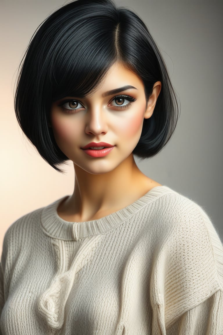 (masterpiece:1.3), (8k, photorealistic, RAW photo, best quality: 1.4), (1girl), beautiful face, (realistic face), (black hair, short hair:1.3), beautiful hairstyle, realistic eyes, beautiful detailed eyes, (realistic skin), beautiful skin, (sweater), absurdres, attractive, ultra high res, ultra realistic, highly detailed, golden ratio