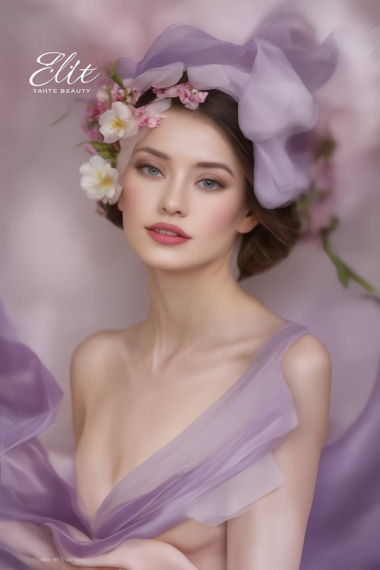 The image is a portrait of a woman who appears to be styled for a beauty shoot. TA beautiful and very nice face off character's attire and the presence of flowers suggest a theme that could be associated with spring or romance. The soft focus on the background puts the emphasis on the woman, highlighting her features and the fabric she is wearing. The color palette is composed of soft pinks and purples, which contribute to the overall gentle and serene mood of the image. There is no text present in the image to provide additional context.,Elite beauty,Realistic Enhance