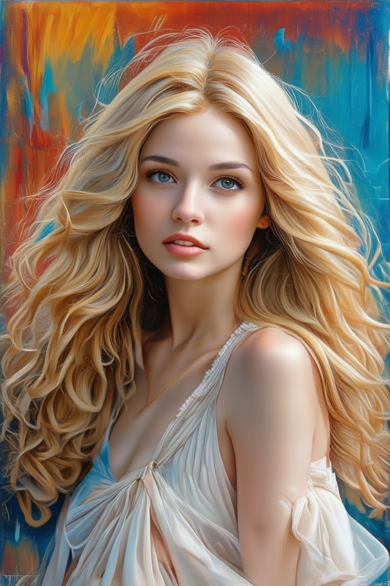 A captivating portrait of a blonde maiden with luscious, big wavy locks framing her radiant face. Behind her, a vibrant abstract watercolor painting by Daniel Gerhartz, titled Rain, adds a pop of color to the serene atmosphere.,Enhance,Realistic Enhance