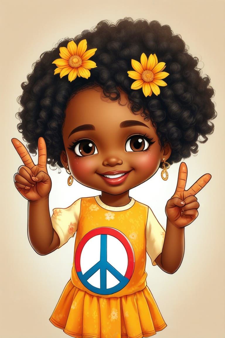 A cute African American flower child holding up the peace sign, cute hair, cartoon, flower painting on her cheek