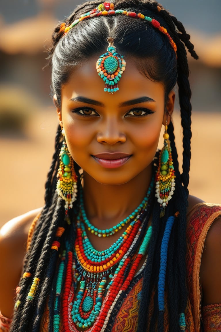 A close-up shot of a woman's face, her braids woven intricately with vibrant beads that catch the warm sunlight. Her eyes gleam with cultural pride as she proudly wears traditional adornments, her dark skin radiant against the earthy tones of her surroundings.