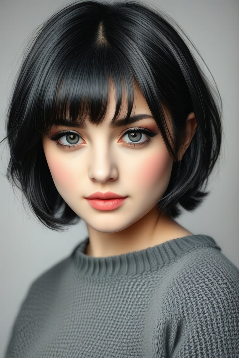 (masterpiece:1.3), (8k, photorealistic, RAW photo, best quality: 1.4), (1girl), beautiful face, (realistic face), (black hair, short hair:1.3), beautiful hairstyle, realistic eyes, beautiful detailed eyes, (realistic skin), beautiful skin, (sweater), absurdres, attractive, ultra high res, ultra realistic, highly detailed, golden ratio