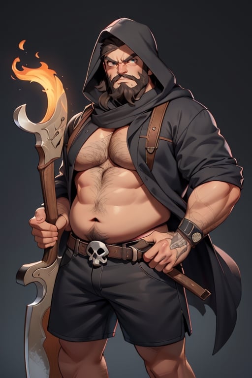 high quality large man with executioner hood, (4k high quality details), black hood with a skull in the center made of animal skin, in shorts with wristband with picho in his hand holding a giant ax with a diamond in the center .greasy brown1.3 (the face shows hatred, a lot of beard, big and angry eyes)(1.3 very fat belly the beard reaches to the middle of the belly, very long beard)