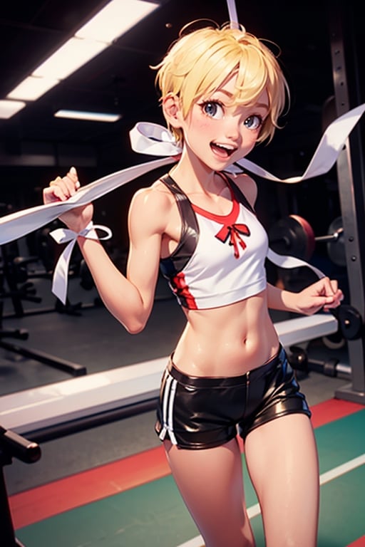 black leather(chi in the gym, blonde, sensual laughingl)((ribbon in hair very short shorts white stripe1.4)),yoimiyadef