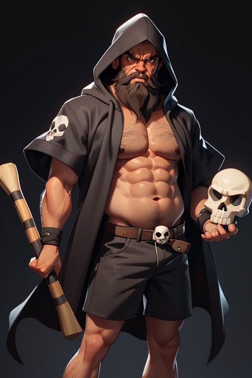 high quality large man with executioner hood, (4k high quality details), black hood with a skull in the center made of animal skin, in shorts with wristband with picho in his hand holding a giant ax with a diamond in the center .greasy brown1.3 (the face shows hatred, a lot of beard, big and angry eyes)(1.3 very fat belly the beard reaches to the middle of the belly, very long beard)