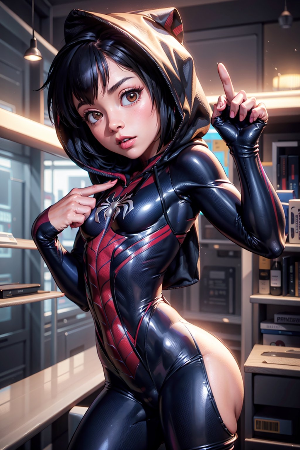 1 girl, peni parker, spiderman suit, bodysuit, hoodi