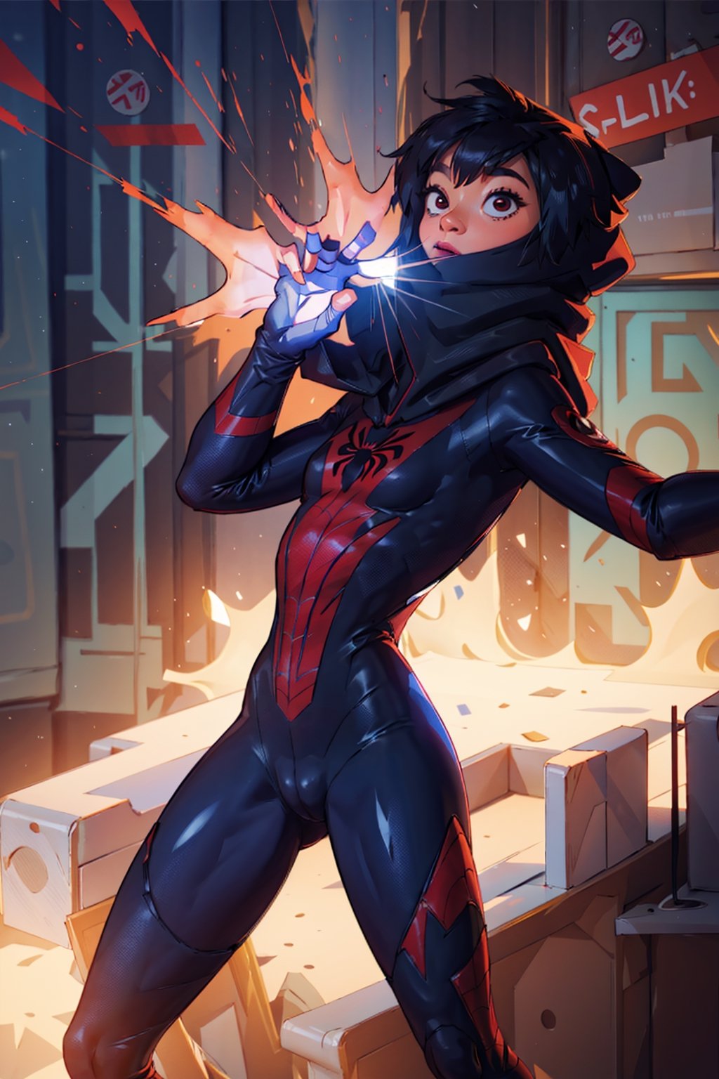 1 girl, peni parker, spiderman suit, bodysuit, hoodi,SAM YANG