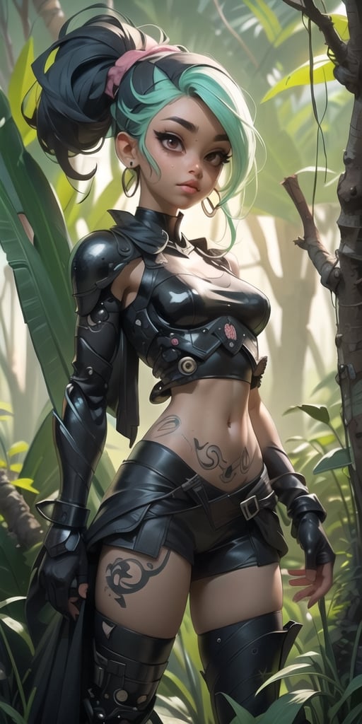 ((black woman, cybernetic armor crop top nsfw)) standing amidst the eerie tranquility of a graveyard situated deep in the heart of an overgrown jungle. The image is surrounded by a dark and melancholic atmosphere, where darkness prevails, casting long shadows and adding an air of deep sadness. ((black woman, dressed in nsfw underwear, black skin, African)), occupies the foreground of the painting. The backdrop is a tapestry of darkness, with suggestions of moss-covered tombstones and gnarled trees just visible on the periphery. Dense jungle foliage surrounds the cemetery, ((black woman, tattooed black skin)), jungle cemetery.