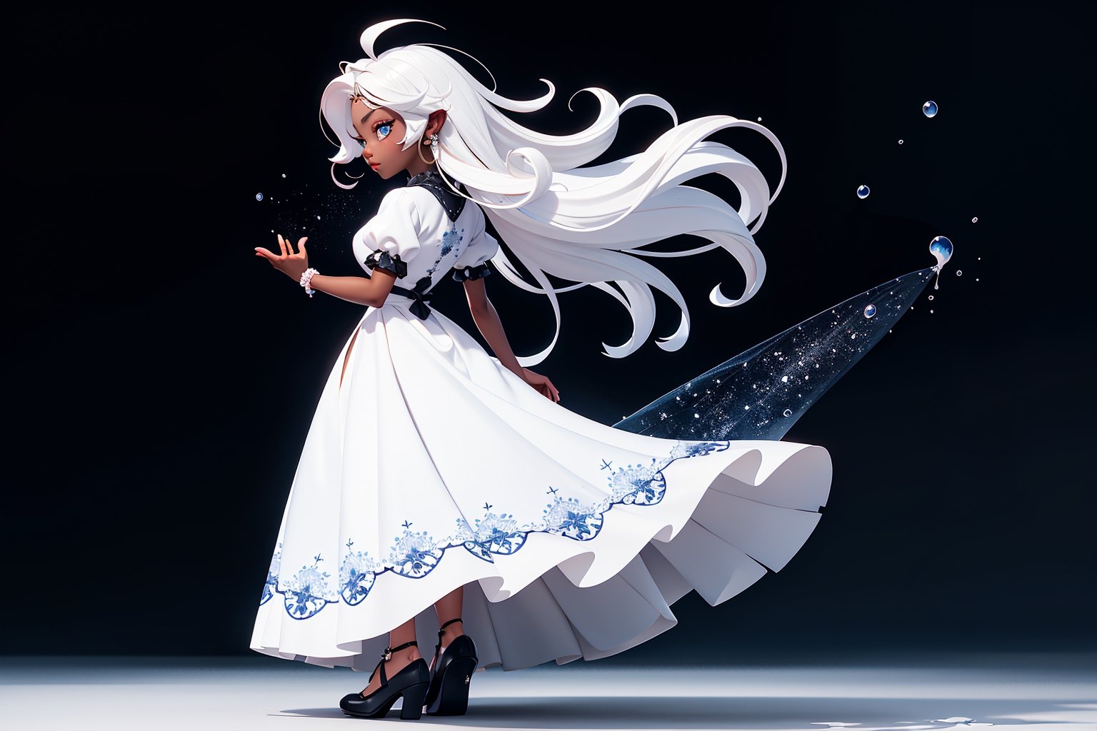 a woman elfa style WoW with white hair and blue eyes is in a white dress with a black background and a splash of paint,Celestial Skin ,dark skin, from behind,flower-pattern_see-through_white_dress, facing_viewer, hair blowing in the wind, white shoes