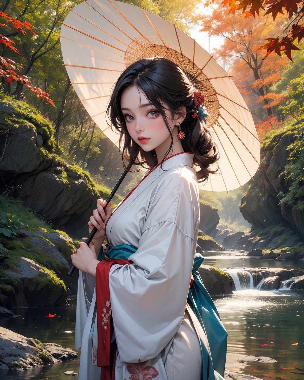 A beautiful Asian woman, detailed beautiful eyes and face, in a vibrant red-white kimono stands gracefully on a pebbled riverbank, holding a traditional red parasol. Golden maple leaves frame the scene, their branches reaching over the tranquil water, reflecting the autumn hues. Sunbeams pierce through the foliage, casting a soft, dappled light on the mossy rocks and lush ferns in the foreground. The serene atmosphere evokes the peace and beauty of a traditional Japanese landscape