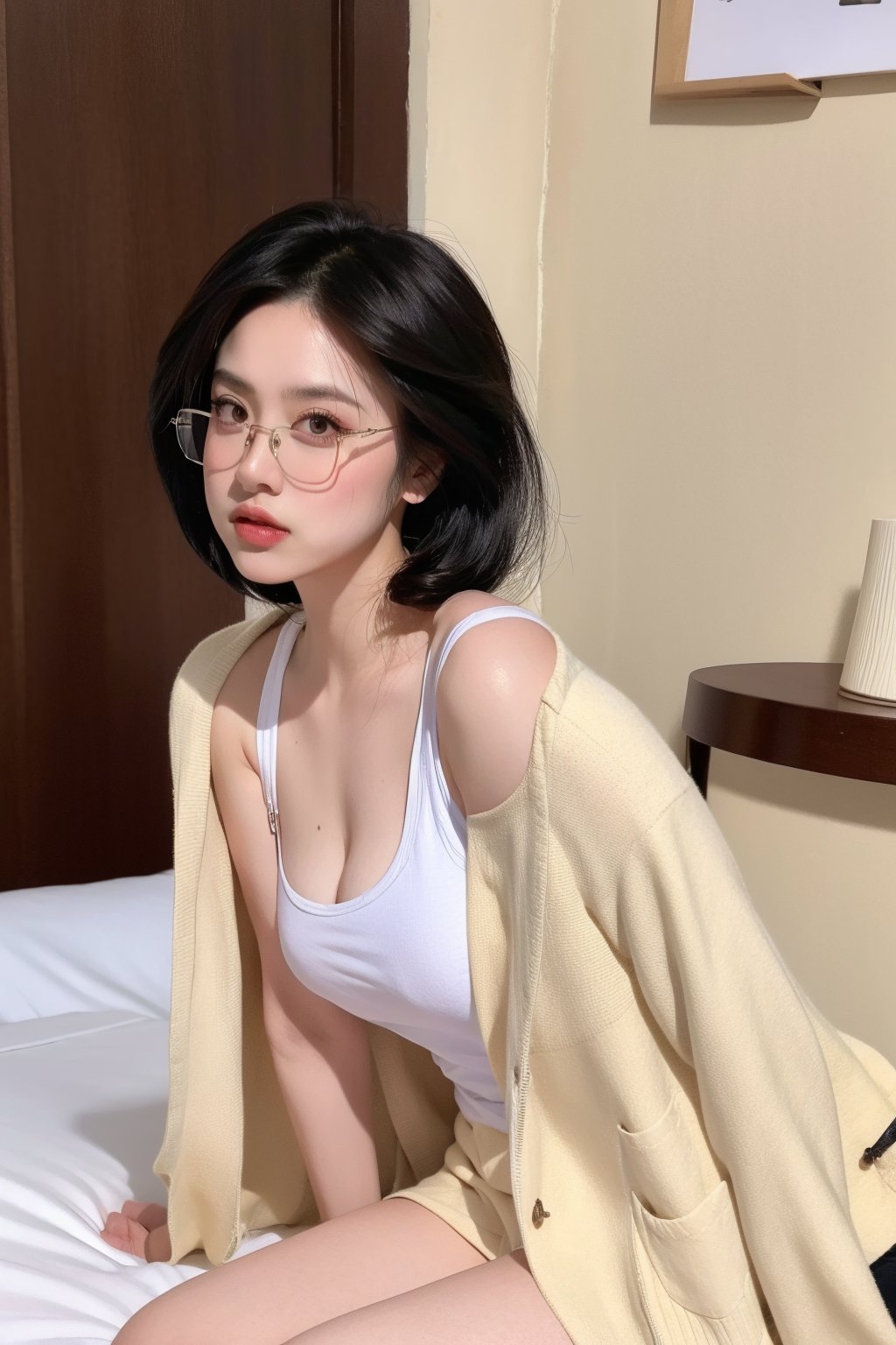 8k,best quality,masterpiece,ultra high res,portrait,beautiful,kawaii,dark hair,bob,from front,sweat,on the bed,jmf,jml,glasses