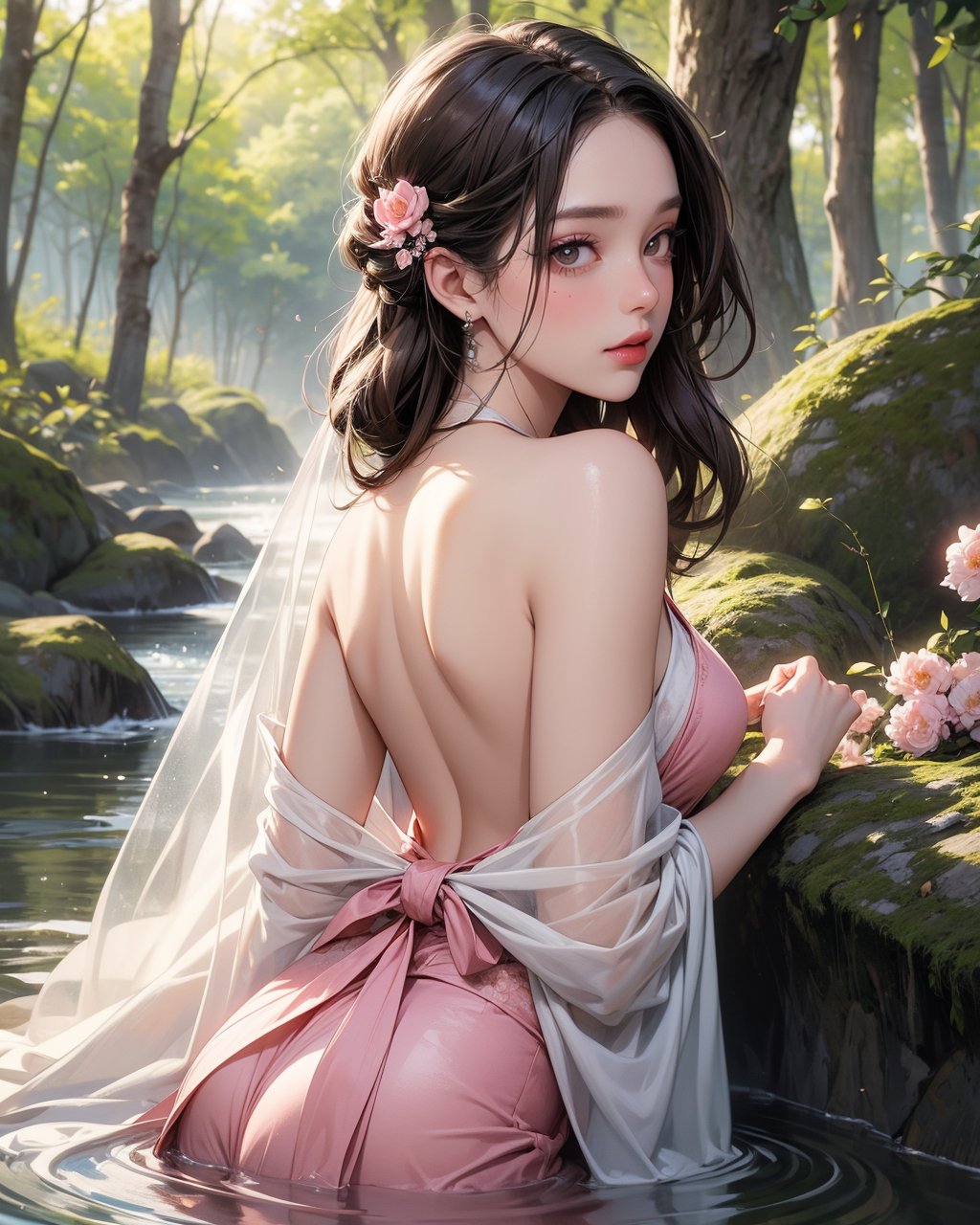 A serene scene featuring a beautiful, ethereal woman sitting gracefully in a flowing river. She wears a traditional, elegant outfit with soft, translucent fabric that drapes over her body, highlighted by golden accessories. Her long, dark hair cascades down her back, adorned with delicate pink flowers, matching the vibrant pink blossoms in the surrounding trees. The soft, golden sunlight filters through the trees