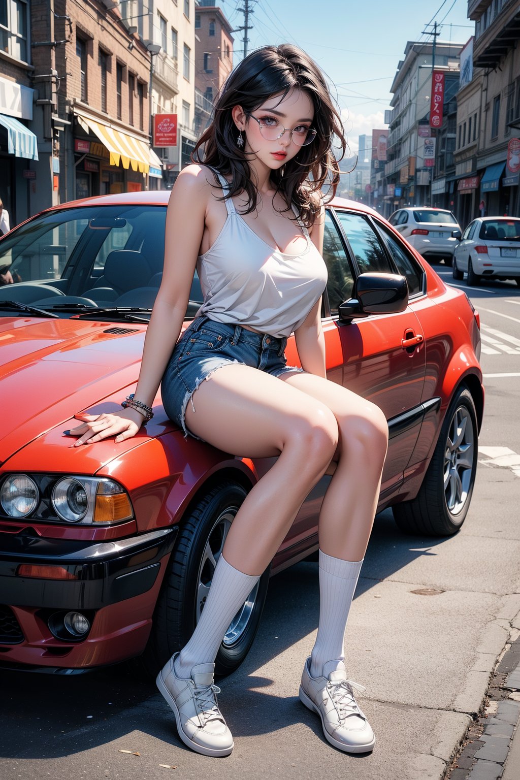 1girl, ground_vehicle, car, SUV car, motor_vehicle, solo, photo_background, black_hair, shorts, glasses, long_hair, camisole, denim, sports_car, white_camisole, looking_at_viewer, shoes, denim_shorts, short_shorts, realistic, large breasts, outdoors, white_footwear, bracelet, socks