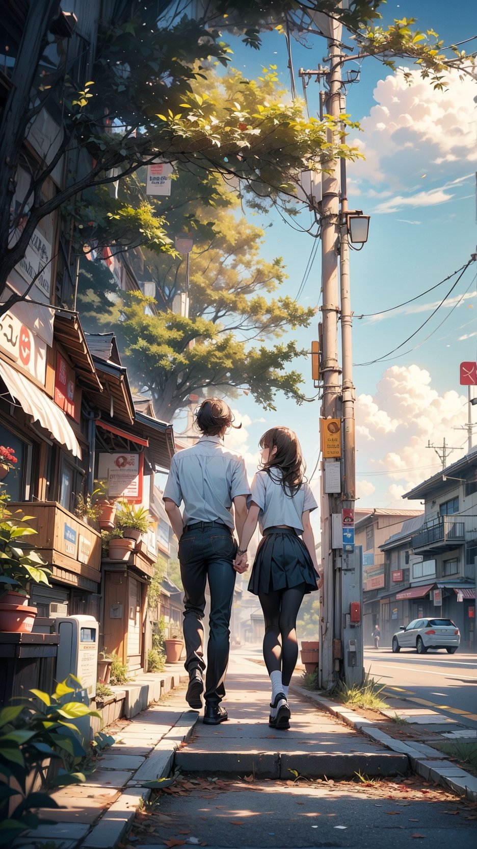 1girl, long hair, short hair, skirt, brown hair, shirt, black hair, 1boy, school uniform, standing, white shirt, short sleeves, hetero, pleated skirt, outdoors, sky, shoes, serafuku, socks, pants, cloud, black skirt, from behind, black footwear, looking at another, tree, shadow, brown footwear, black pants, grass, plant, couple, ground vehicle, loafers, building, scenery, walking, road, power lines, street, utility pole