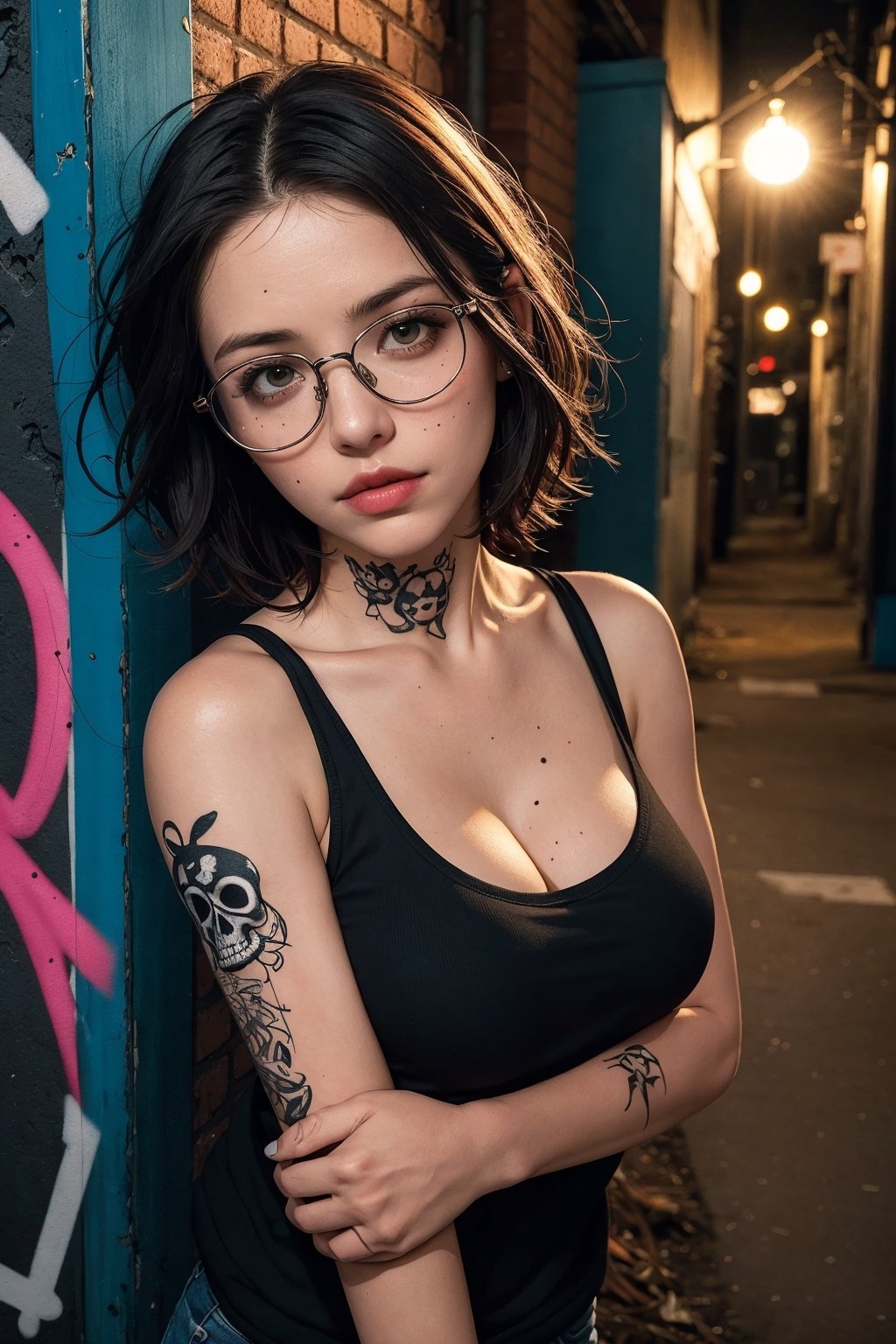 High-angle Top-down view self-shot selfie of a short stacked bob hair girl with glasses, mole under left eye, windy, messy hair, looking up, big breasts, deep cleavage,  leaning against a brick wall adorned with graffiti art. She has tattoos on her arms and is looking at the camera. The scene captures urban street style, with vibrant colors and a gritty atmosphere. Her outfit includes a graphic tank top featuring skulls or bones, adding to its edgy vibe. dimly lit night scene. The scene is depicted in the style of graffiti artists