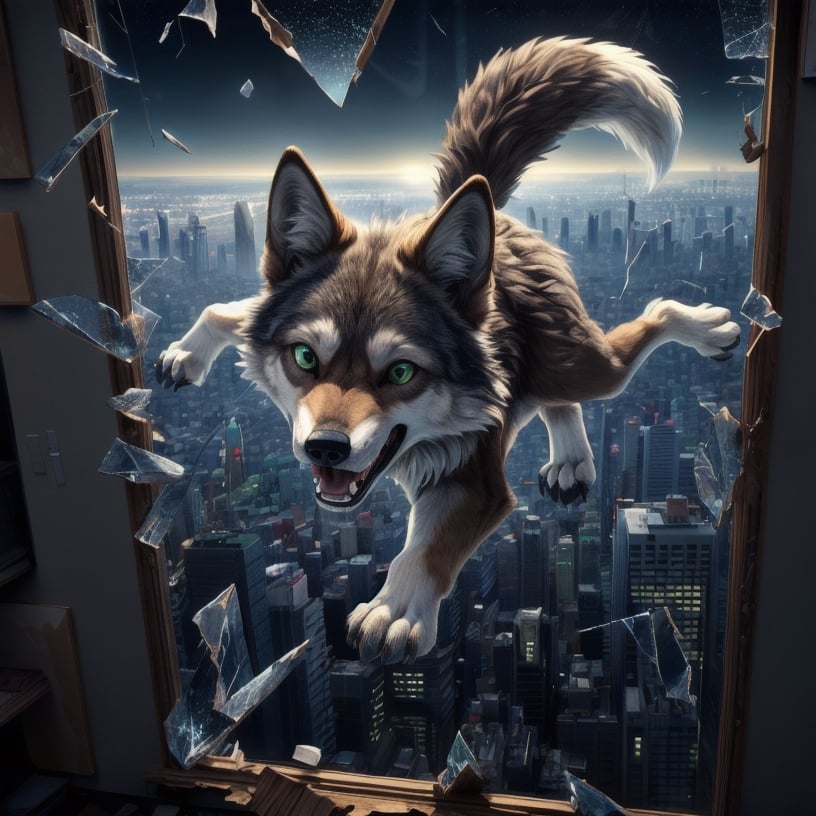 ((masterpiece, best quality:1.4)), bokeh, fluffy, 3d,
solo, looking at viewer, feral, wolf, full body, broken glass, screaming, 
light brown fur, green eyes,
long tail,
tokyo \(city\), city, city lights, night,
outdoors, 
((((falling out the window))))