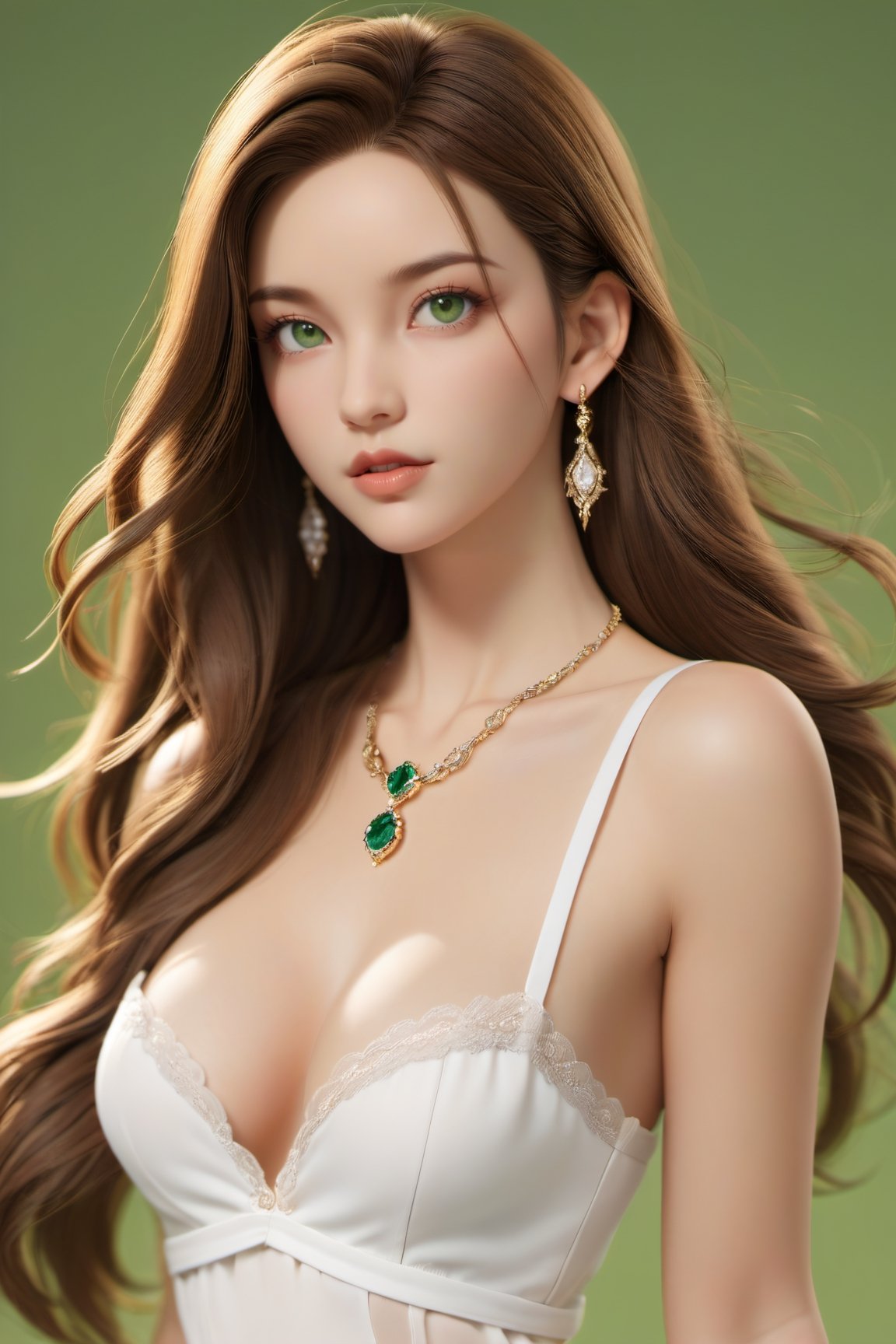 1girl, white bra, simple background, jewelry, long hair, earrings, lips, solo, green eyes, upper body
