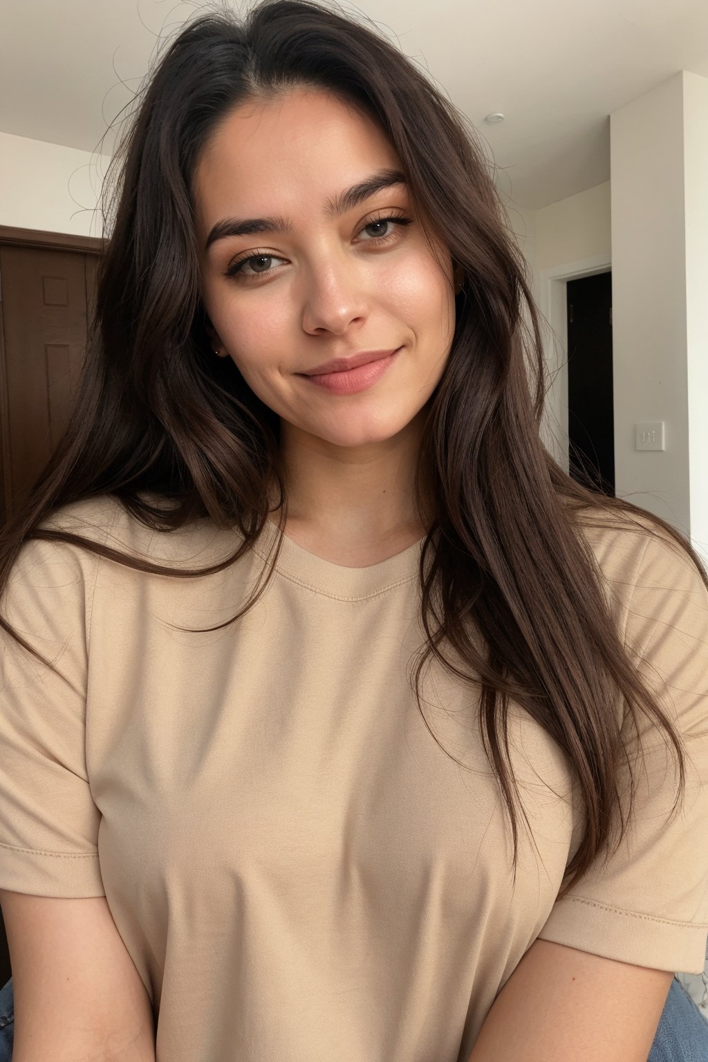 same face ,her name is aria. head to toe, round facei, latina girl, Instagram influencer, light brown long hair, glossy juicy lips,brown eyes cute, 18-year-old woman, wearing a nike shirt, typical middle class house