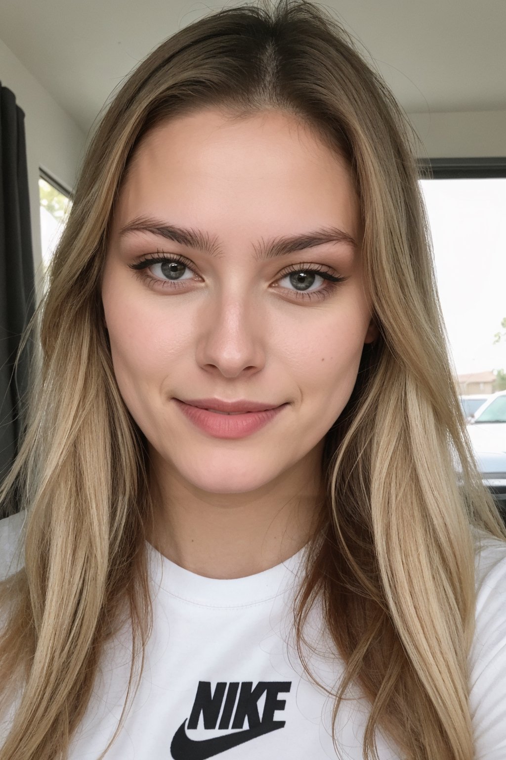 same face ,her name is aria. head to toe, round facei, latina girl, white skin, Instagram influencer, blonde long hair, glossy juicy lips, big brown eyes cute, 18-year-old woman, wearing a nike shirt, typical middle class house