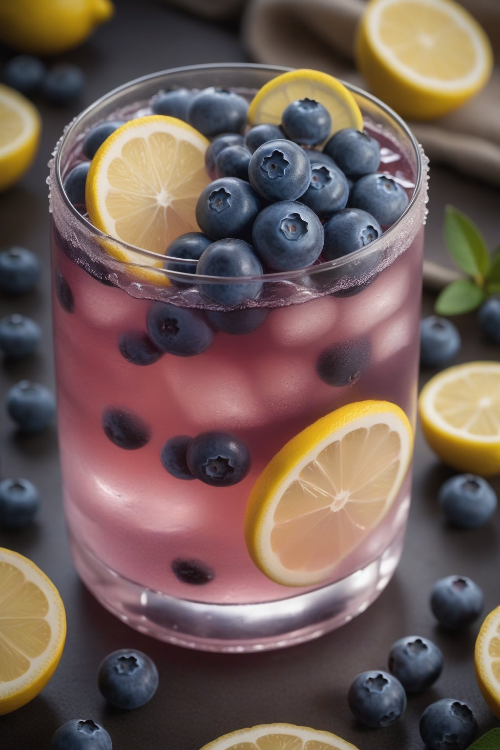 RAW photo, blueberry lemon soda, hot summer day, food photo, DSLR, fresh blueberries and lemon slices garnish, soft lighting, high quality, film grain, Fujifilm XT photography, detailed skin, realistic, photo-realistic, 8k, highly detailed, full length frame, High detail RAW color art, piercing, diffused soft lighting, shallow depth of field, sharp focus, hyperrealism, cinematic lighting