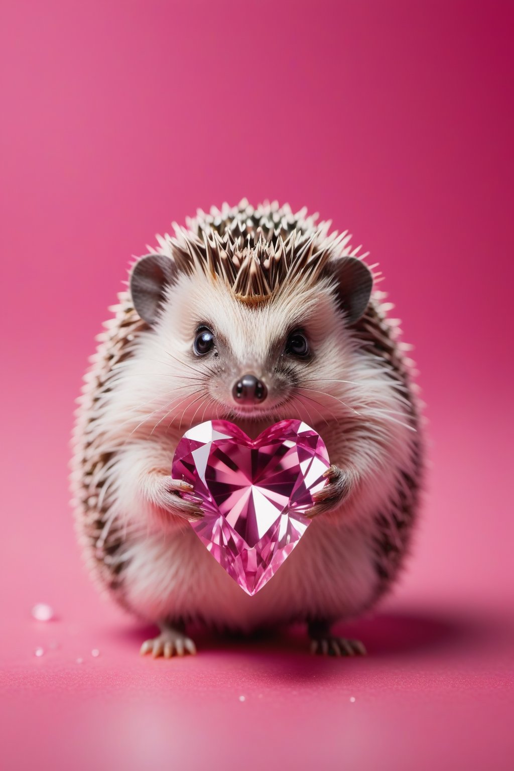 jewelry ((Valentine)), macro photography, hedgehog diamond, standing vertically, dynamic pink background, particles, blurred background, depth of field, studio photo, ultra quality, 8k