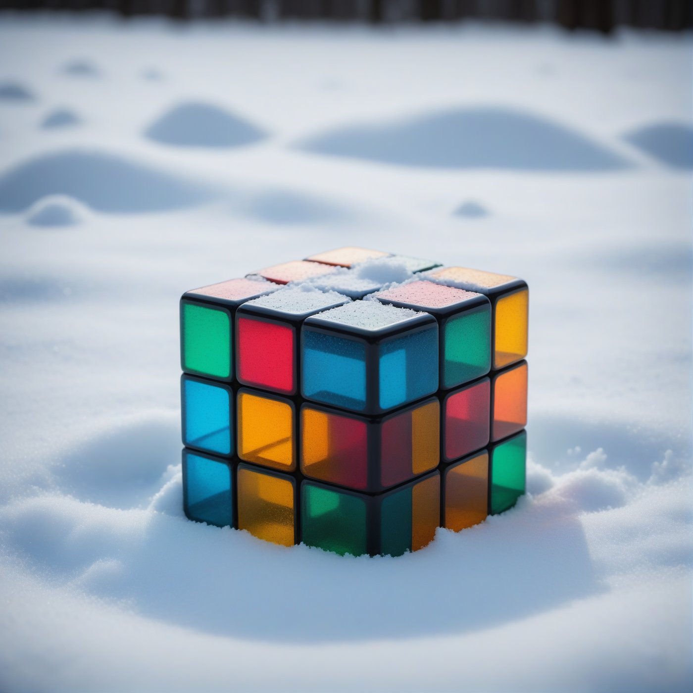 analog raw photo of a rubick's cube made of color glass laying in snow, haze lighting, winter, 35mm, 8k, UHD, masterpiece akthahtka, Ultra-HD-details, true to life, HDR image, High detail resolution, high detailed cloth, cinematic lighting, realistic, sharp focus, (very detailed), ((4K HQ)), depth of field, f/1.2, Leica, 8K HDR, High contrast, bokeh, realistic shadows, vignette, epic, . Eerie, unsettling, dark, spooky, suspenseful, grim, highly detailed
