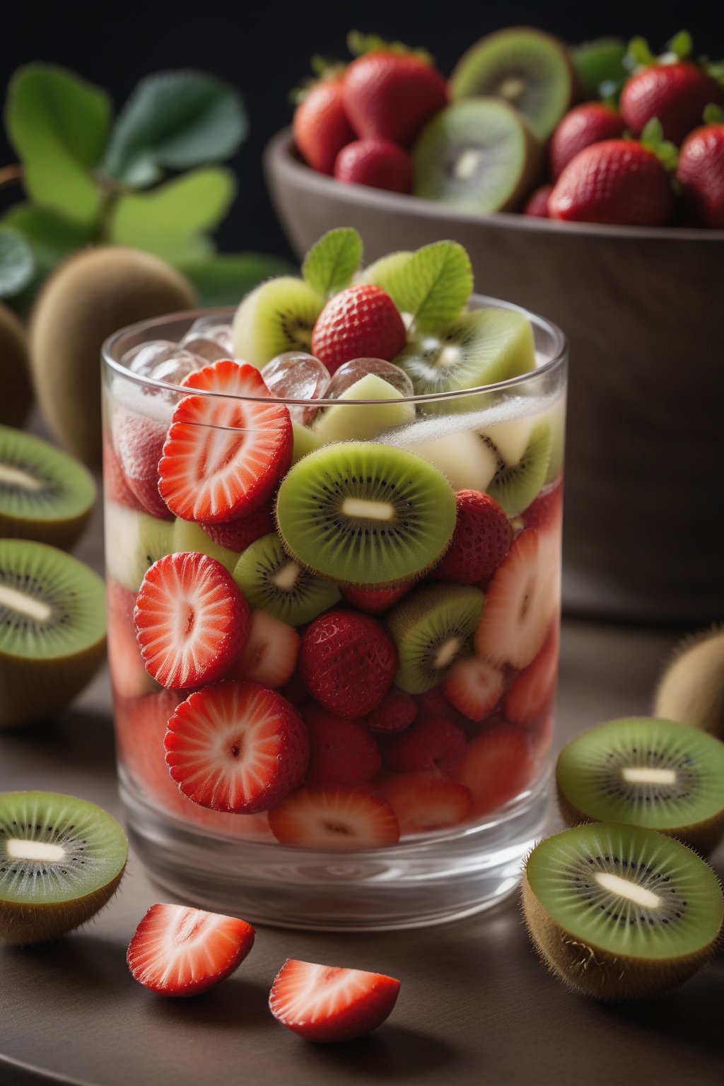 RAW photo, a glass filled with fruit next to some kiwis and strawberries, food photo highly detailed, full length frame, High detail RAW color art, piercing, diffused soft lighting, shallow depth of field, sharp focus, hyperrealism, cinematic lighting