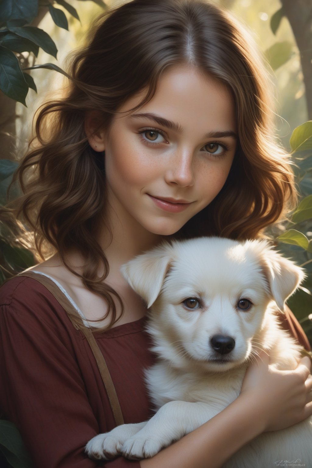 1girl, solo, long hair, looking at viewer, smile, brown hair, shirt, holding, brown eyes, upper body, lips, animal, leaf, watermark, sunlight, plant, web address, freckles, curly hair, dog, nose, holding animalHigh Detail, film photography, soft lighting, heavy shadow Tom Bagshaw, Casey Baugh, and Helene Beland, in the style of Eric Canete, Alan Lee and Todd McFarlane, in the style of realism, emotional and dramatic scenes, Style of Kriengin, Brandon Wolfel, sharp focus, style of Jay Anacleto, Esao Andrews, photo-realism,(2\3 rule composition:0.5), 