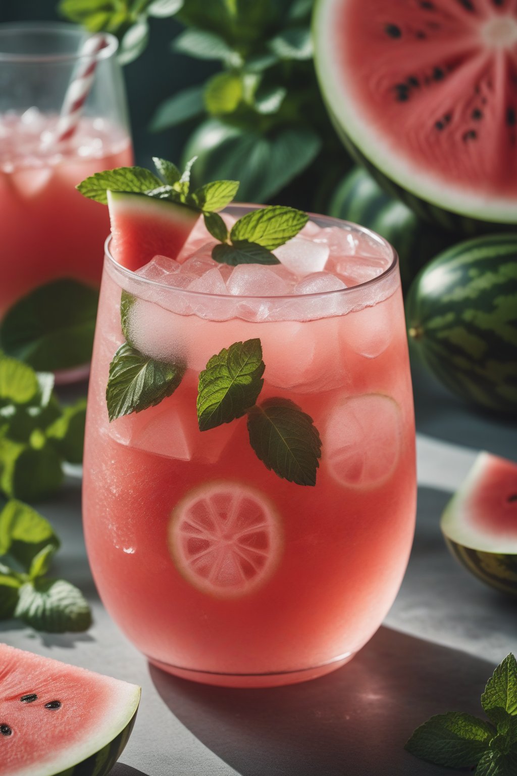 RAW photo, watermelon mint soda, hot summer day, food photo highly detailed, full length frame, High detail RAW color art, piercing, diffused soft lighting, shallow depth of field, sharp focus, hyperrealism, cinematic lighting