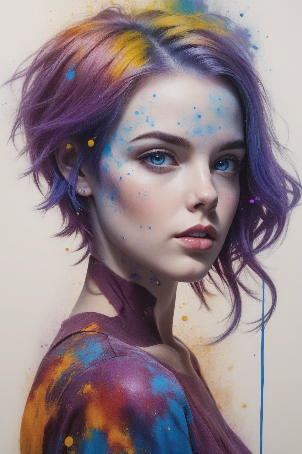 1girl, solo, looking at viewer, short hair, blue eyes, upper body, purple hair, parted lips, lips, traditional media, portrait, nose, painting \(medium\), colorful, paint splatter, abstract, High detail RAW color art, piercing, diffused soft lighting, shallow depth of field, sharp focus, hyperrealism, cinematic lighting