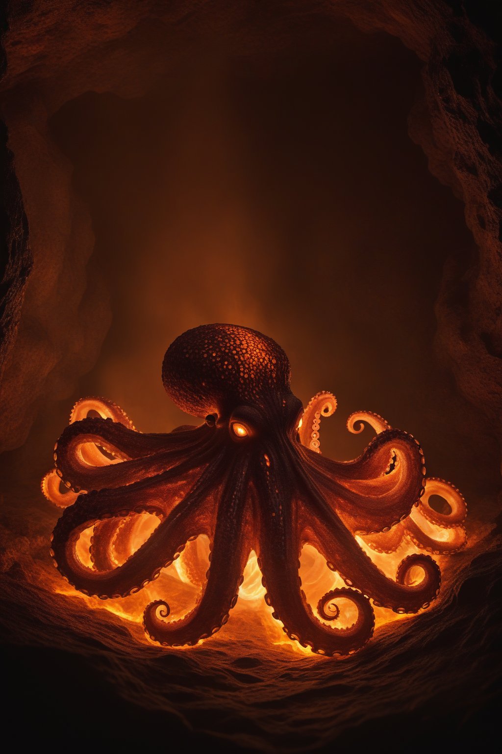 octopus entirely made from fire and lava, fire elemental, magical, cavern, dark, mystical, Cinematic lighting, Textured and detailed cavern floor and walls