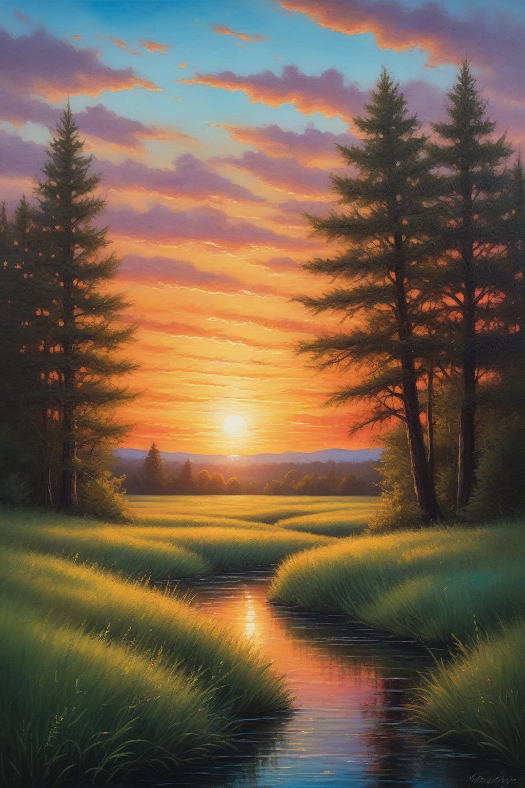soft rustle of the sunset, extremely detailed oil painting, an oil painting, american scene painting, old book style illustration,  lush, mysterious, bioluminescent, serene, digital mirrorless camera, capturing the vibrant colors and unique textures of the environments