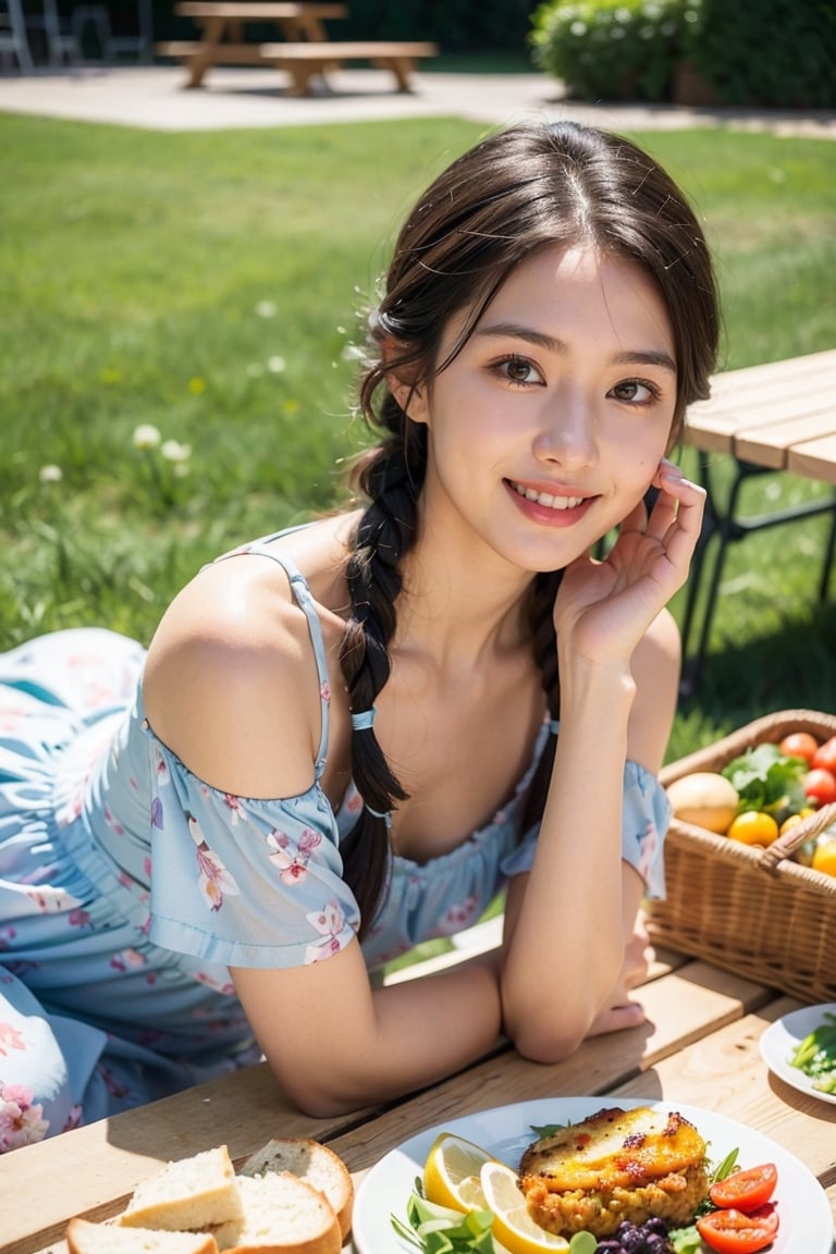 Best quality, masterpiece, ultra high res, raw photo, beautiful and aesthetic,deep shadow, dark theme,(photorealistic:1.4),
(1girl,  teasing smile, ((nfsw)), hair braid, flower print sundress,  small face), slim body, fit, ((picnic table)), (((delicious food))),
outdoors,