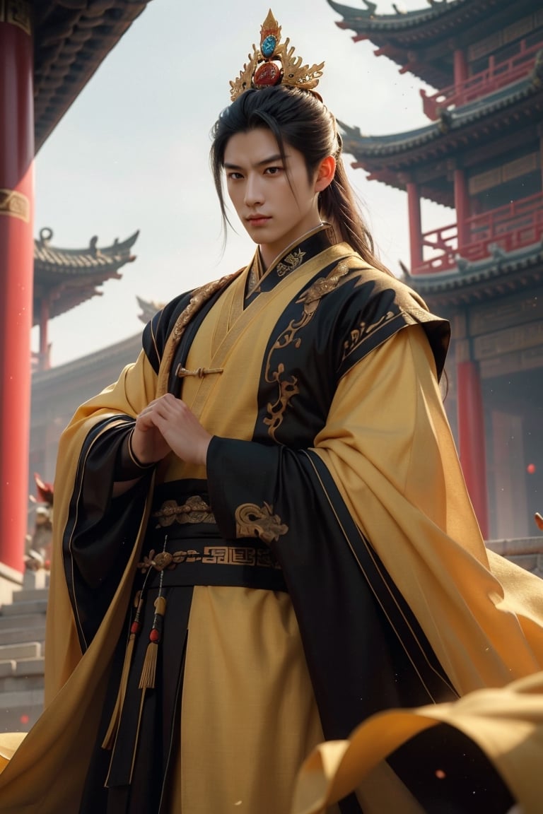 Epic CG masterpiece, A Chinese Tang dynasty emperor,by guopei Wuxia,handsome, MAX Masculinity, straight crown, golden Taoist robe, palace background, Tang dynasty, royal, dynamic poses, stunning colors, 3D rendering, surrealism, cinematic lighting effects, realism, 00 renderer, super realistic,