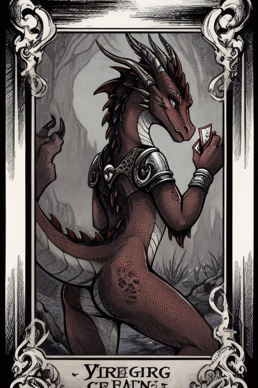 dragon, bent, bare, chestplate,  grab tail, against_surface, leaning forward, back, 2d, etching, crosshatching, contrast, card