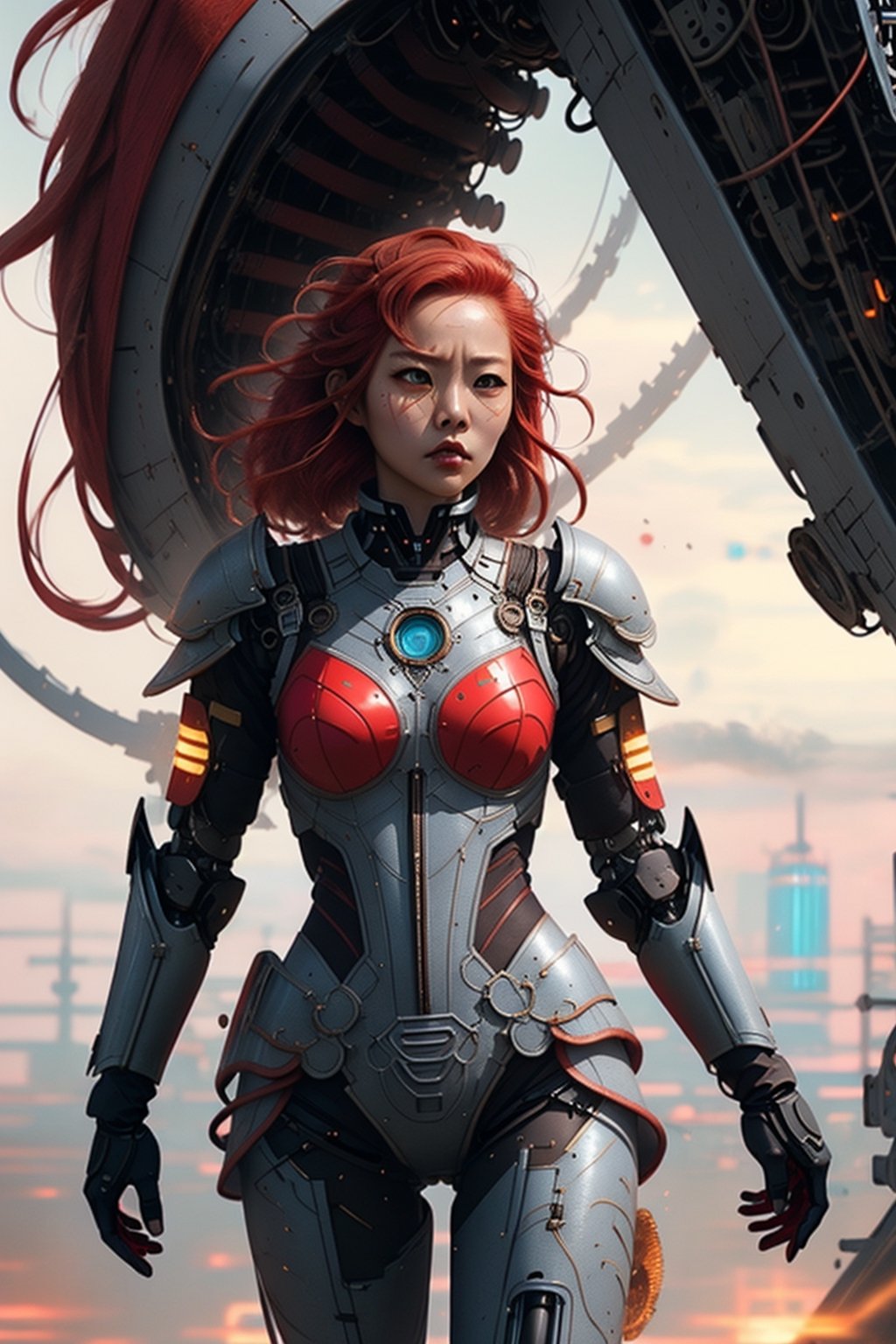 face of a 37 year old Asian woman, Chinese eyes the color of honey chocolates, 
dimples on her cheeks, small Asian eyes, looking forward, light chocolate color, 
futuristic armor on small chests, equipment strap on the waist, gun on the hip,
((Best Quality, 8K, Masterpiece: 1.3)), (bodysuit :1.2), (machanical armor gloves:1.3),
 (mechanical armor leggins:1.2) ,normal_breasts ,mechanical, thigh , electricity, elaborate detail,armor in cyberpunk style
 battle field, (Asian woman:1.5), light chocolate eye color, ((Red hair:1.5), Full shot, low angle camera, angry face.
Fantasy Color matching. entire plans, futuristic robot body, female cyborg.diverse cybersuits