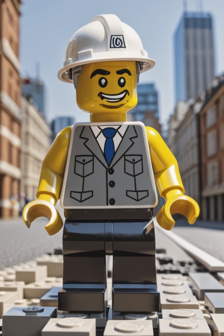 arquitecto con casco, hombre mayor, plano en la mano, construcción en el fondo (figura lego:1.5)