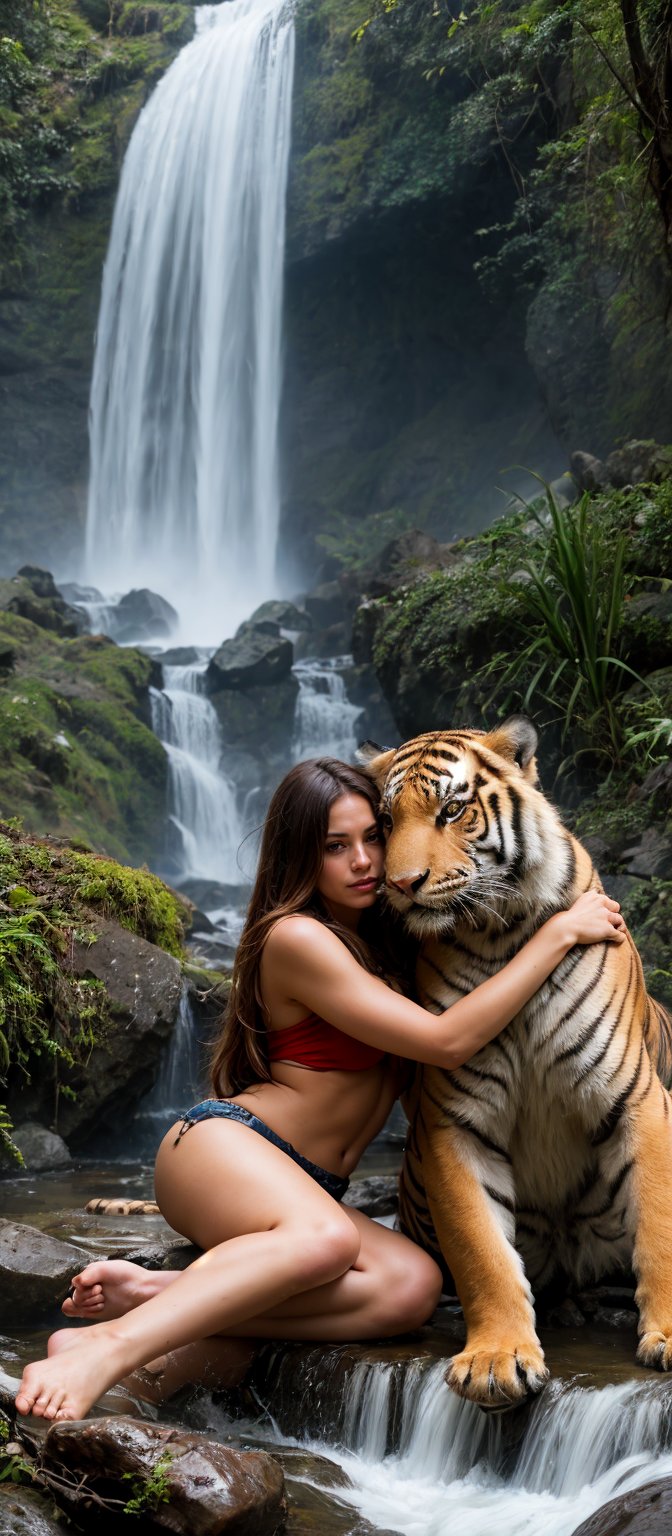 Generate hyper realistic image of a woman with luscious, chocolate-colored hair fighting with a tiger. Tiger is biting her leg. In background a waterfall in a rainforest.