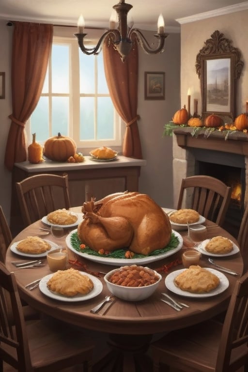 Thanksgiving dinner at a table with decorations on table and in the house. Cooked turkey in the center of the table. 
