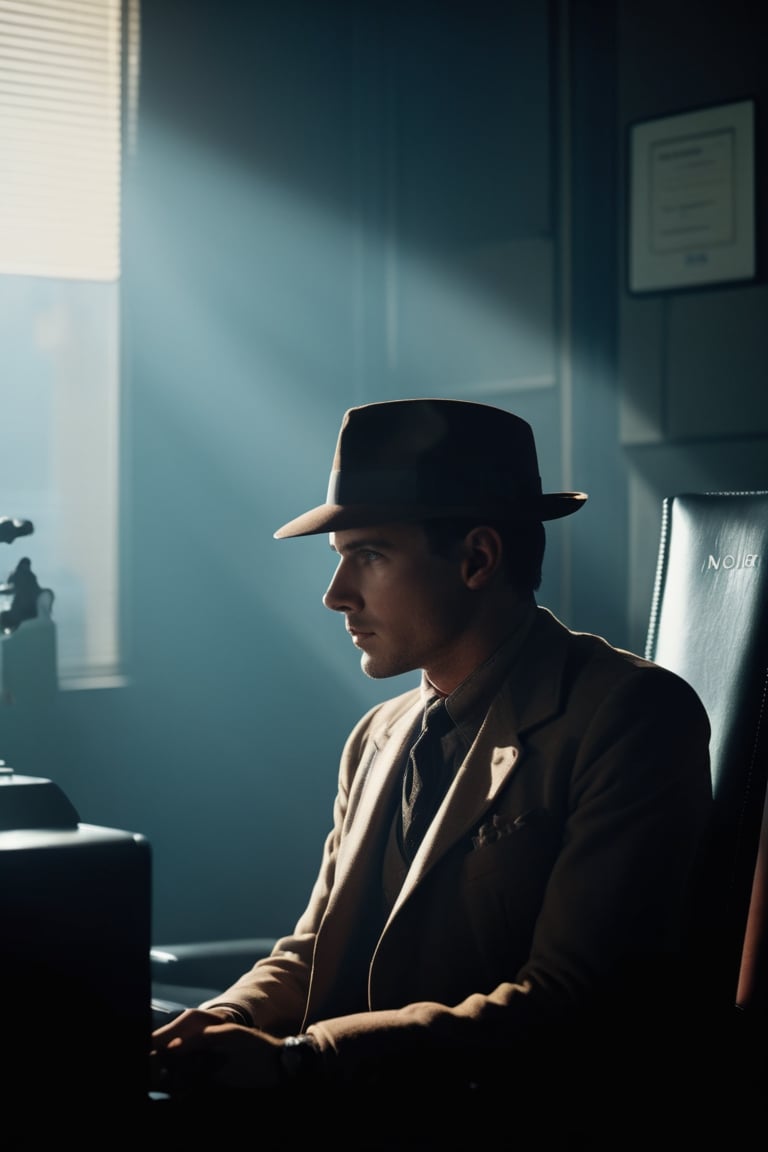 {{cinematic photo A mysterious man wearing a hat resembling a mystery movie from the noir period in cinema, sitting next to a window in an office. . 35mm photograph, film, bokeh, professional, 4k, highly detailed